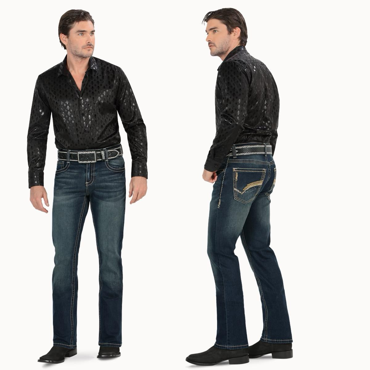 MONTERO JEANS WESTERN STYLE MT4651 DK Blue Washed Denim Boot - Biege, Medium Stitching, Classic Western Style, Machine Washable, All Seasons - Aesthetic