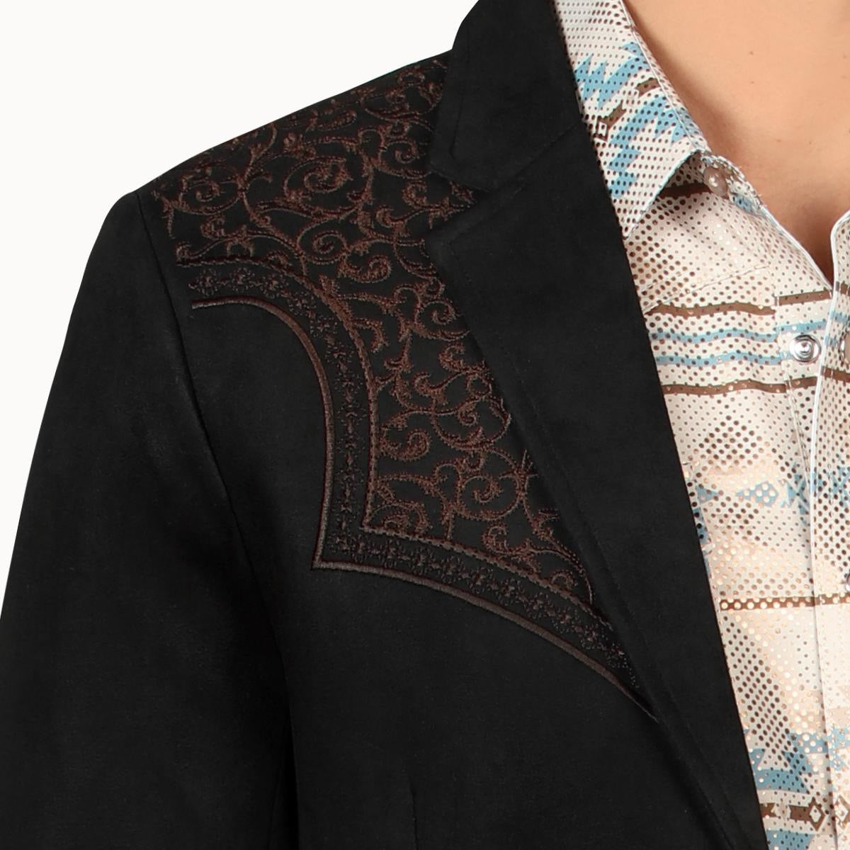 MONTERO MENS Western Embroidery BLACK FABRIC BROWN WMBROIDERY Double Button Blazer MT2182 Faux Suede, Medium Length, Hand Wash Only, All Seasons, Plaid Pattern - Menswear, Coats