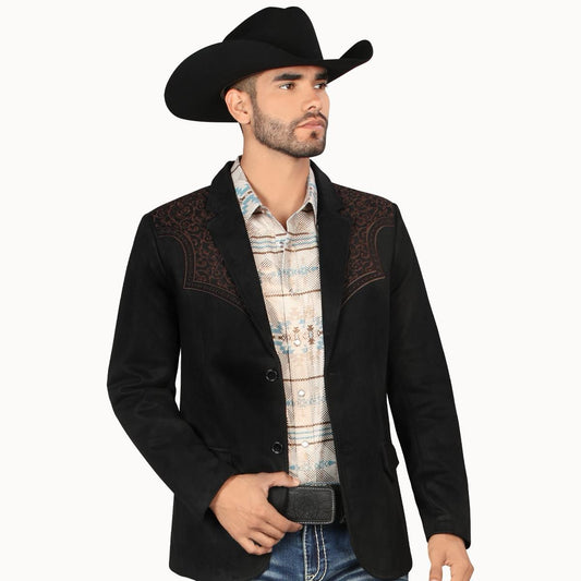 MONTERO MENS Western Embroidery BLACK FABRIC BROWN WMBROIDERY Double Button Blazer MT2182 Faux Suede, Medium Length, Hand Wash Only, All Seasons, Plaid Pattern - Menswear, Coats