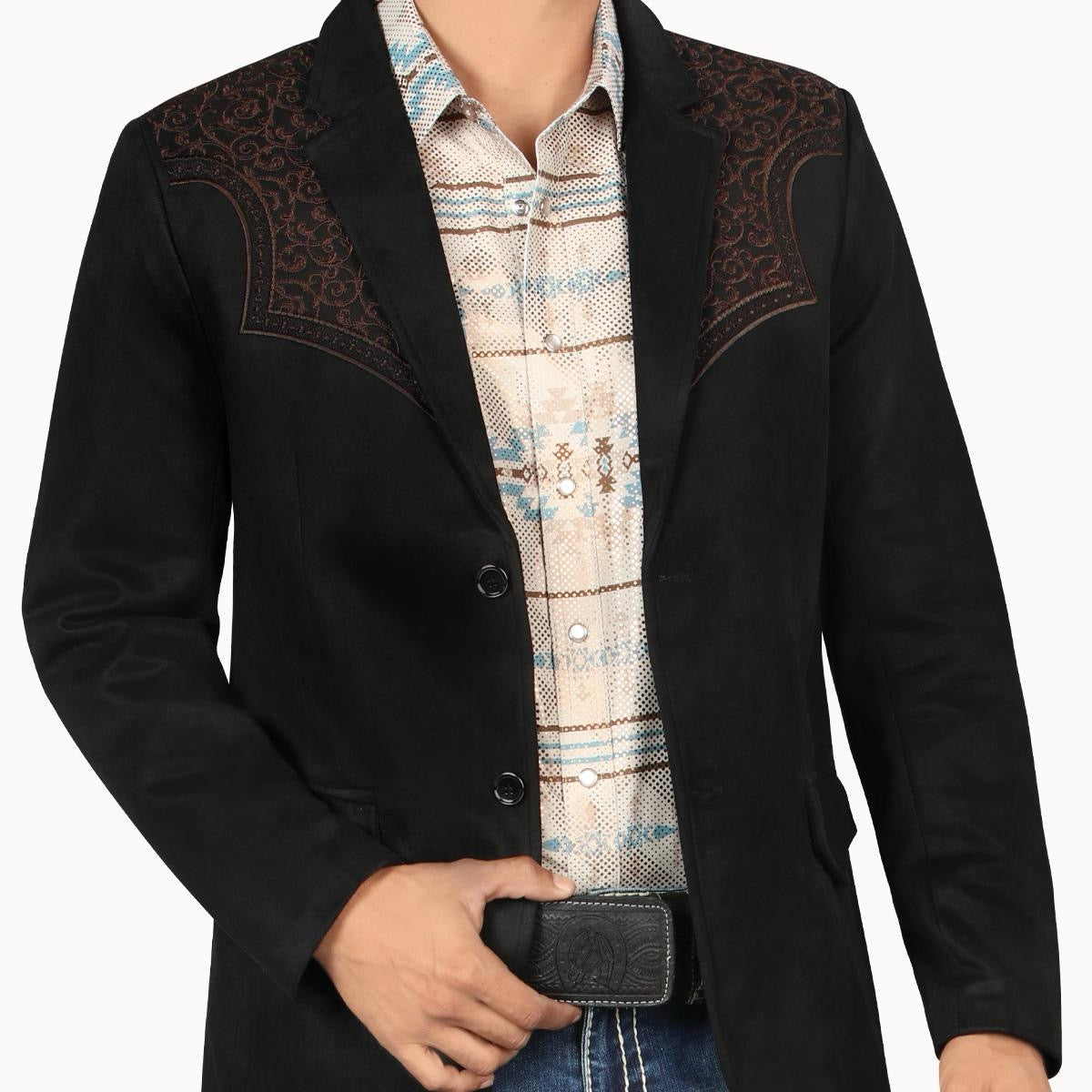MONTERO MENS Western Embroidery BLACK FABRIC BROWN WMBROIDERY Double Button Blazer MT2182 Faux Suede, Medium Length, Hand Wash Only, All Seasons, Plaid Pattern - Menswear, Coats