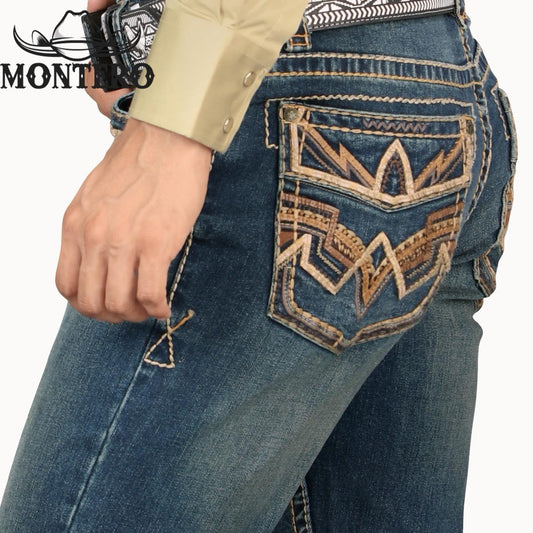 PREMIUM DENIM EMBROIDERY JEANS BEIGE BROWN STITCHING WITH FEUX LEATHER Montero Mt4594 Dark Blue