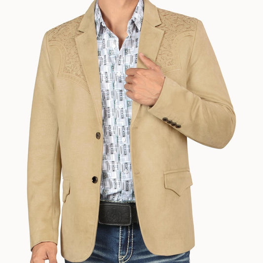 MONTERO MENS Western Embroidery beige FABRIC BROWN beige Double Button Blazer MT2182 Faux Suede, Medium Length, Hand Wash Only, All Seasons, Plaid Pattern - Menswear, Coats