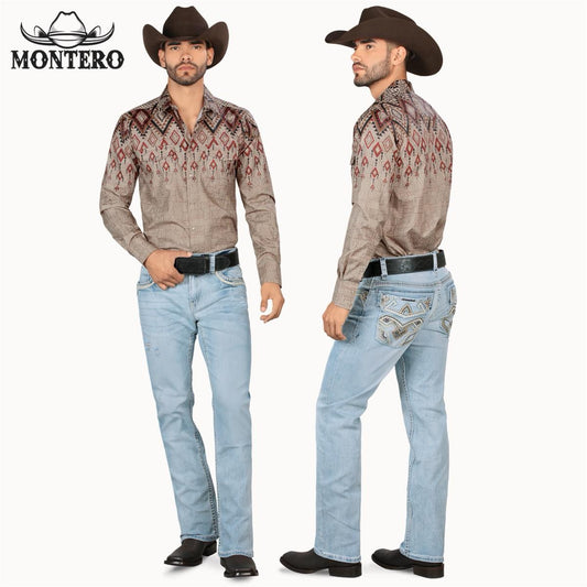 MONTERO MT4631 Ligth Blue Premium Denim Beige and white Embroidery Jeans with Fake Leather and Beige and Brownwhite Patch for Men  Menswear, Man jeans