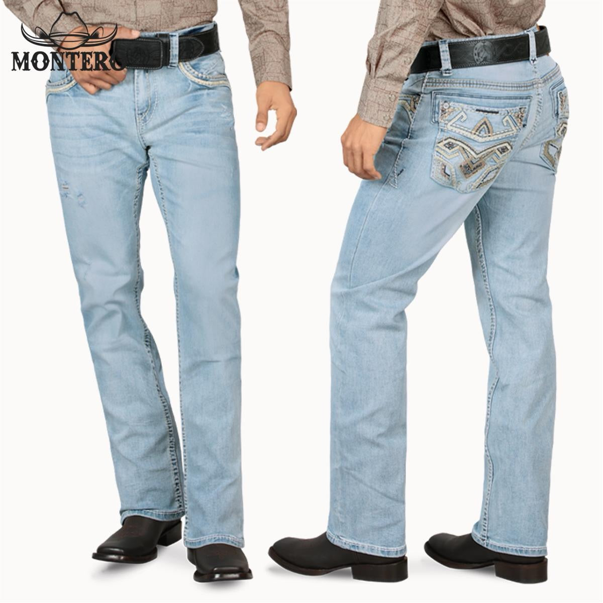 MONTERO MT4631 Ligth Blue Premium Denim Beige and white Embroidery Jeans with Fake Leather and Beige and Brownwhite Patch for Men  Menswear, Man jeans