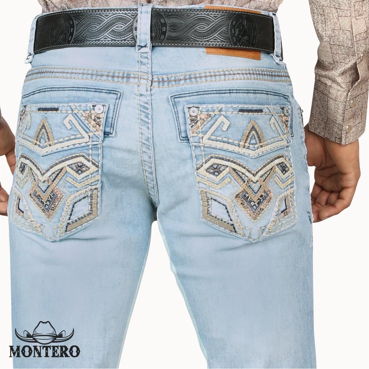 MONTERO MT4631 Ligth Blue Premium Denim Beige and white Embroidery Jeans with Fake Leather and Beige and Brownwhite Patch for Men  Menswear, Man jeans