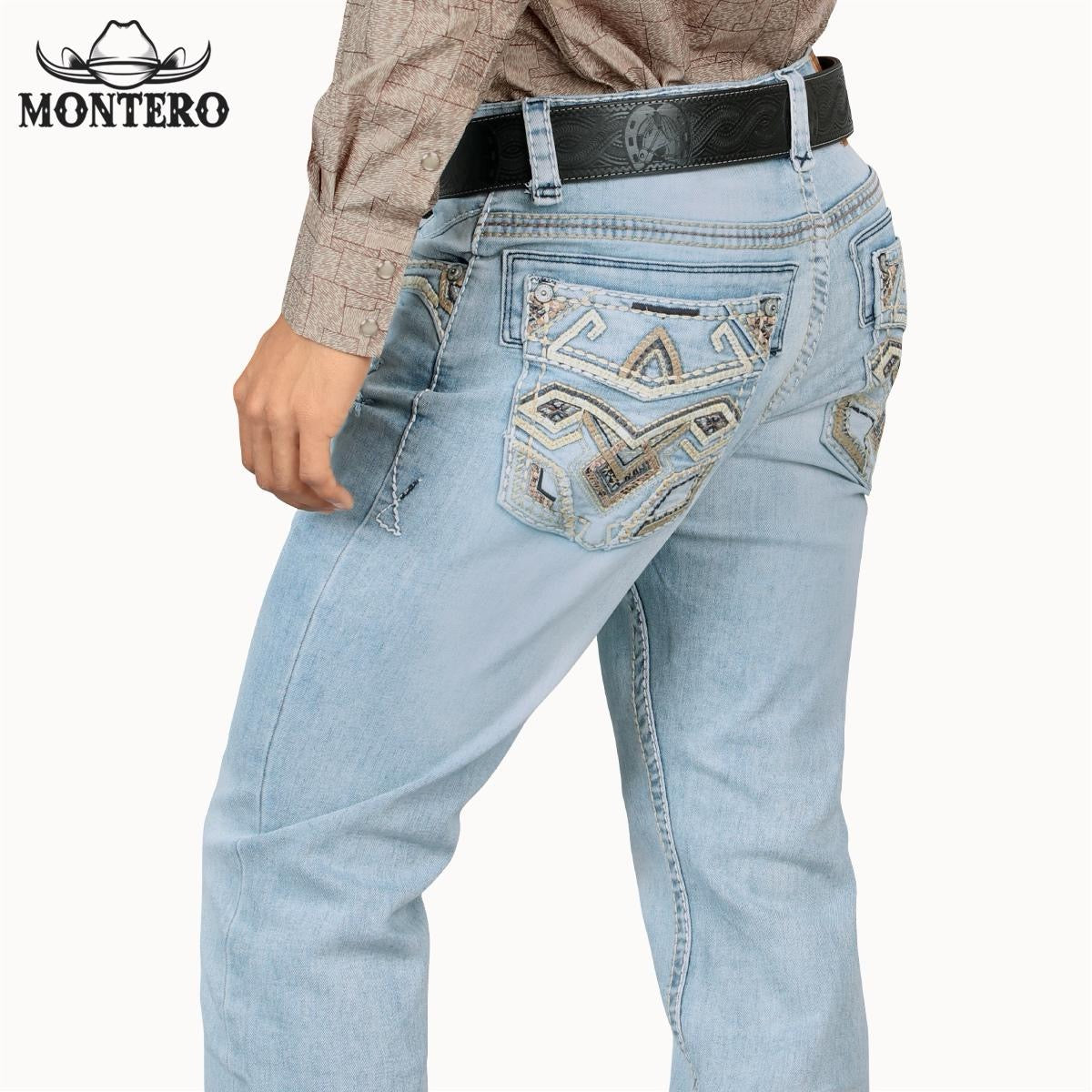 MONTERO MT4631 Ligth Blue Premium Denim Beige and white Embroidery Jeans with Fake Leather and Beige and Brownwhite Patch for Men  Menswear, Man jeans