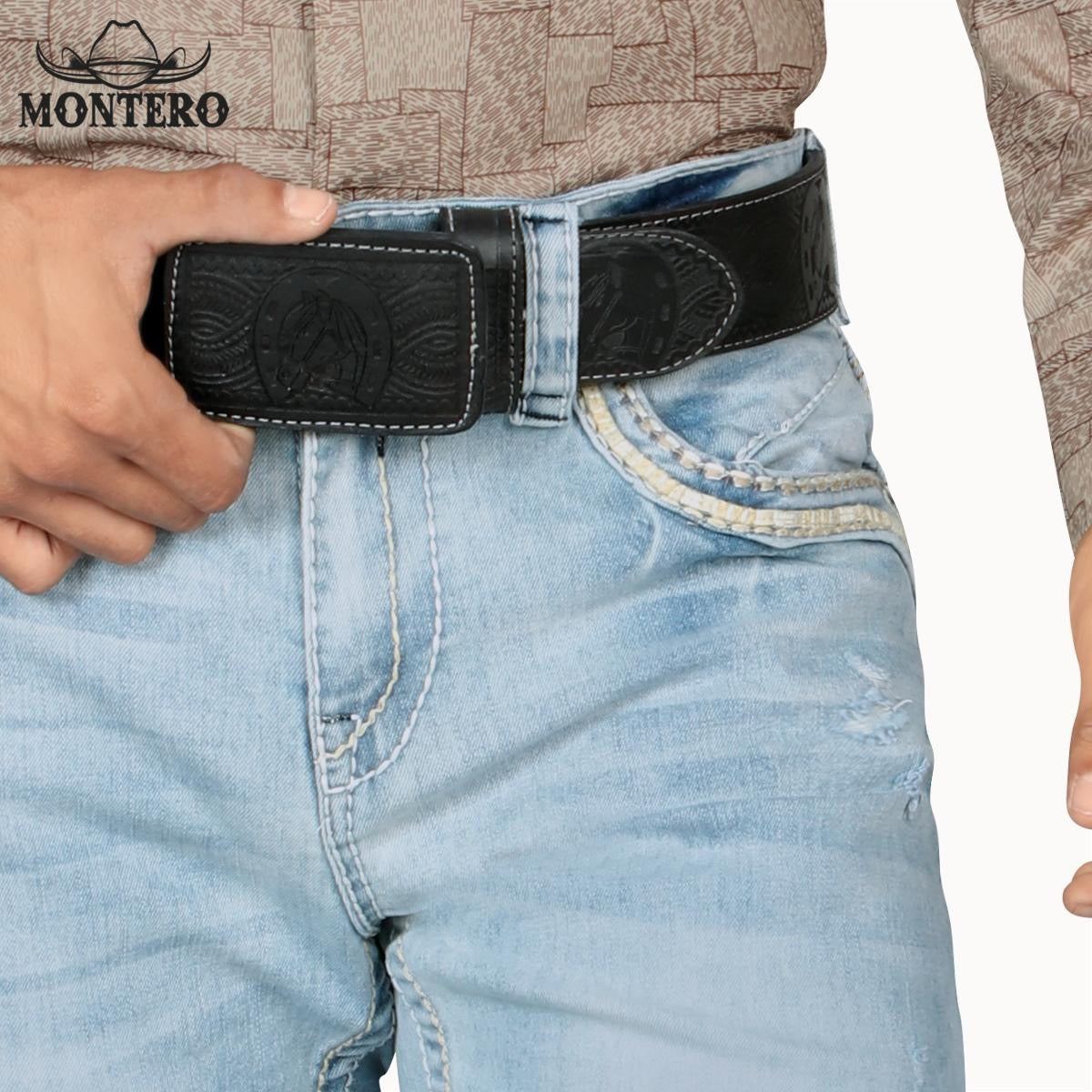 MONTERO MT4631 Ligth Blue Premium Denim Beige and white Embroidery Jeans with Fake Leather and Beige and Brownwhite Patch for Men  Menswear, Man jeans