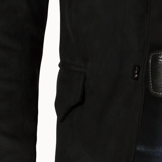 MONTERO MENS Western Embroidery black fabric charcoal embroidery Double Button Blazer MT2182 Faux Suede, Medium Length, Hand Wash Only, All Seasons, Plaid Pattern - Menswear, Coats.